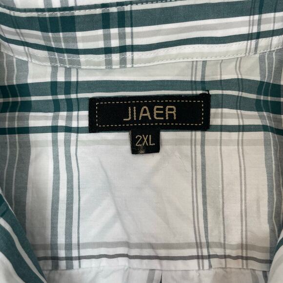JIAER Mens 2XL Plaid Button Up Shirt Short Sleeve Cotton Green White Casual - Picture 2 of 6